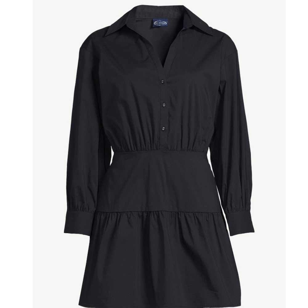 Scoop Long Sleeve Button Front Collared Shirt Dress, L, Black